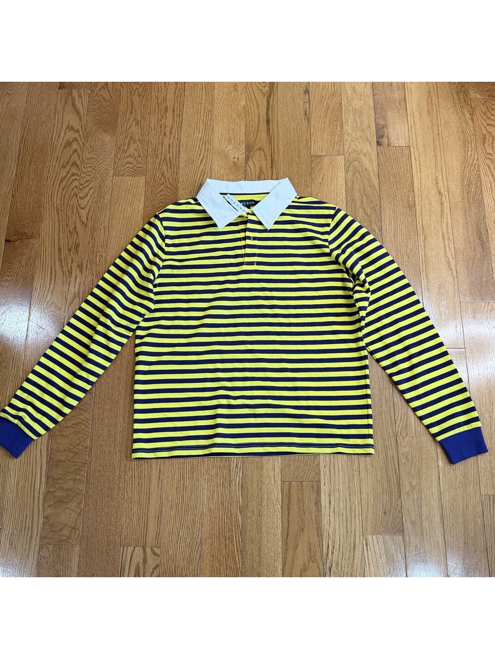 PacSun Men’s Small Striped Long Sleeve Polo Shirt Yellow Navy White Collar NWT